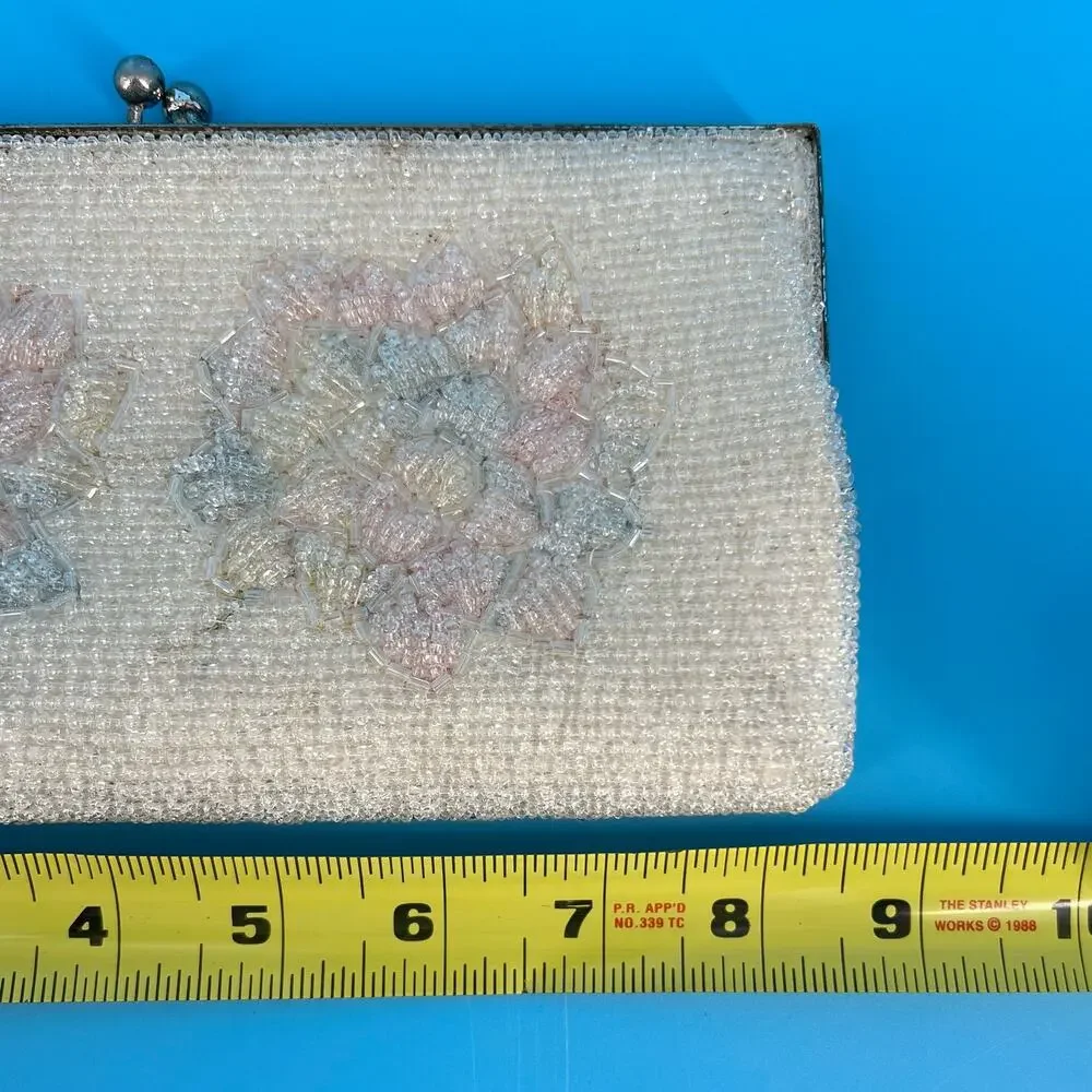Vintage Beaded Clutch Evening Bag Pastel Floral Design